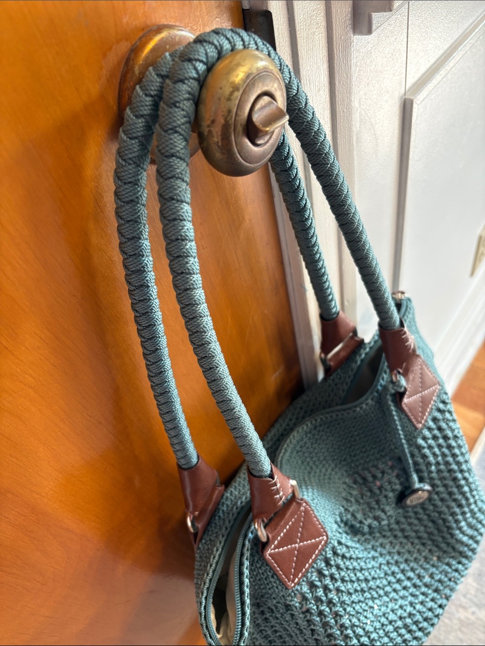 The Sak Teal Crochet Tote with Brown Leather Trim - Picture 3 of 6